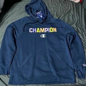 NWT. Champion Hoodie. Navy. Powerblend. Rainbow Letters. Size xl.